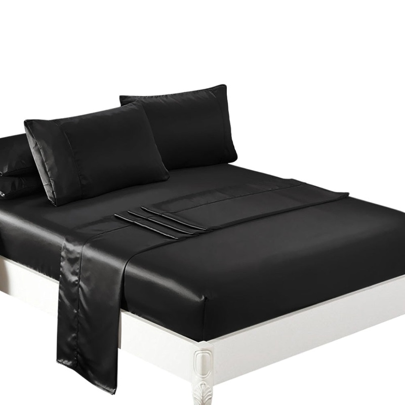 DreamZ Silky Satin Sheets Fitted Flat Bed Sheet Pillowcases Summer Double Black