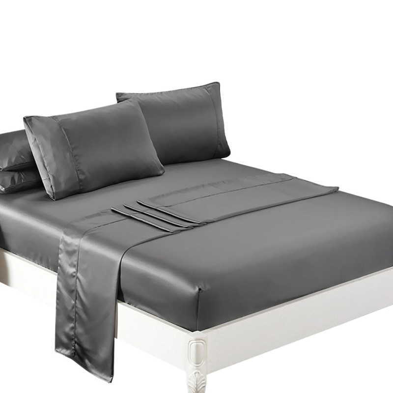DreamZ Silky Satin Sheets Fitted Flat Bed Sheet Pillowcases Summer Double Grey