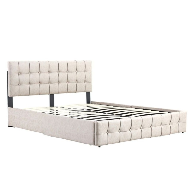 Button Tufted Modern Bed Frame Double Size With Storage Drawers Beige