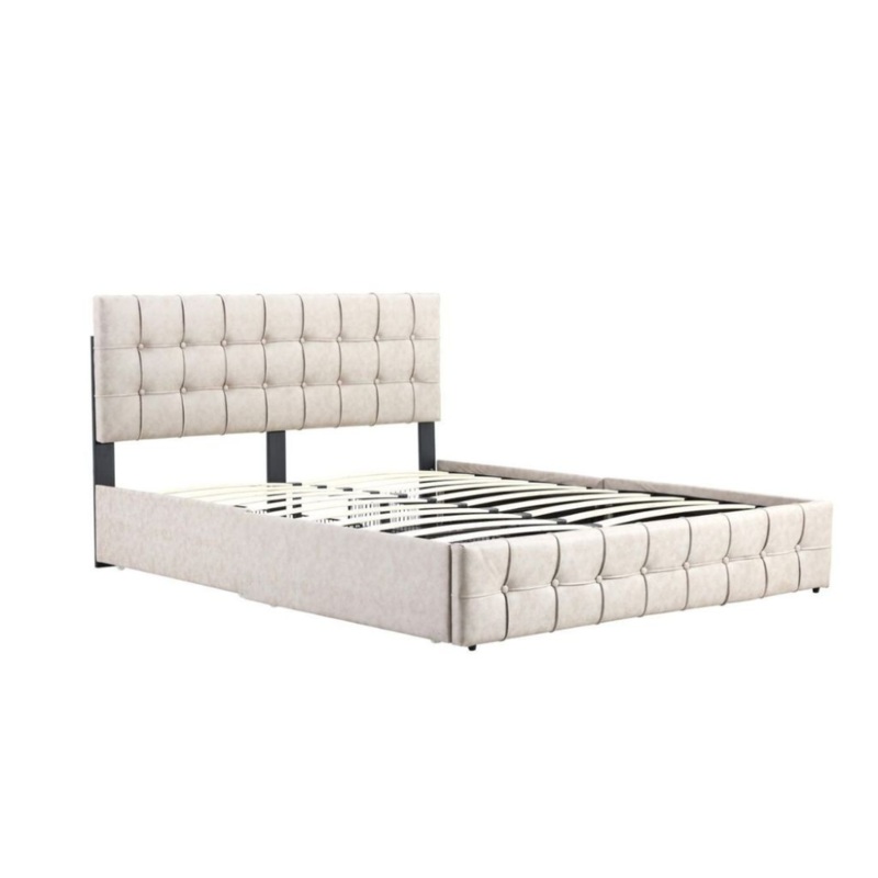 Button Tufted Modern Bed Frame Double Size With Storage Queen Beige