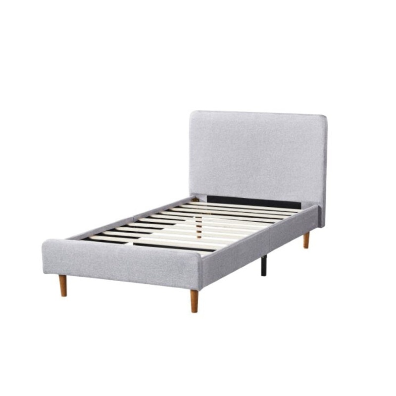 Fabric Bed Frame With Bed Head Double Size Solid Wood Legs Light Grey