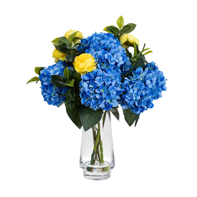 Hydrangea Artificial Fake Plant Decorative Mixed Arrangement 50cm In Glass