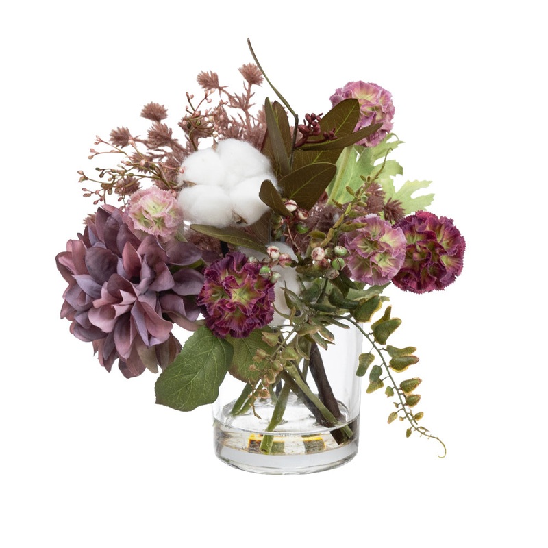 Lavender Dahlia & Cotton Artificial Fake Plant Decorative Arrangement 25cm In Glass