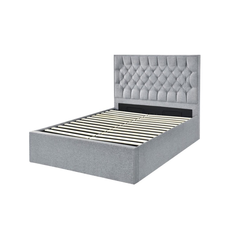 Luxury Button Tufted Fabric Gas Lift Bed Frame Double Size Pebble