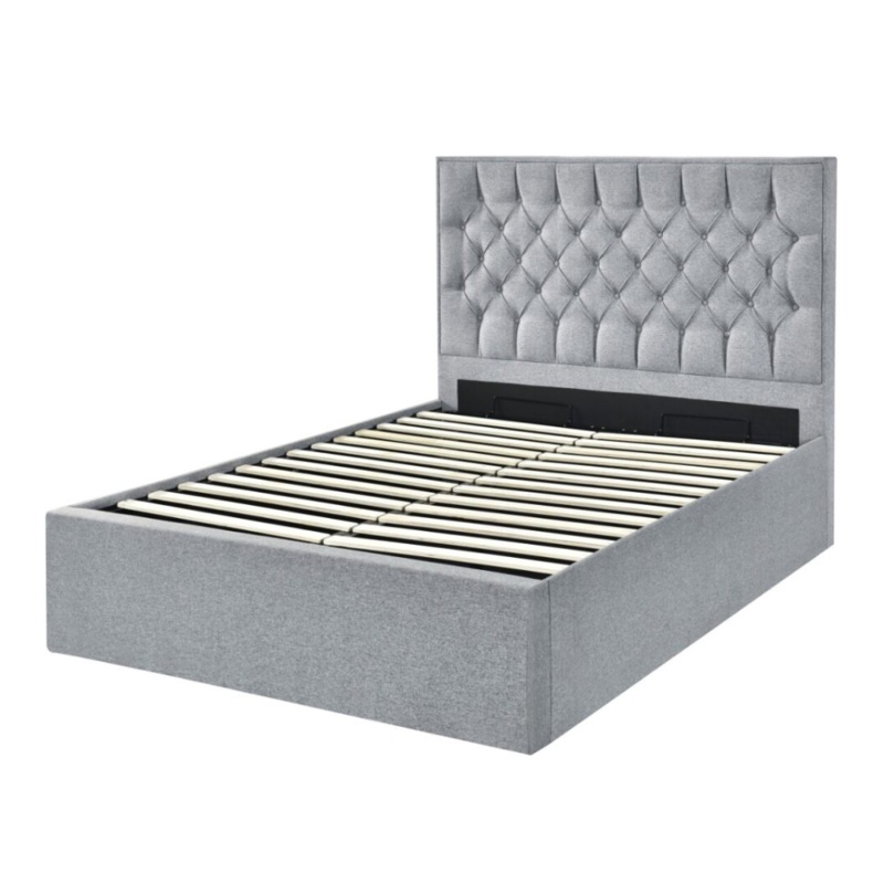 Luxury Button Tufted Fabric Gas Lift Bed Frame Queen Size Pebble