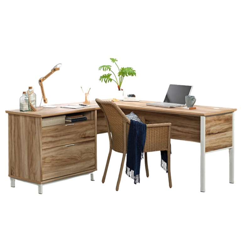 Mannon Executive Wooden L-Shaped Home Office Computer Working Desk Kiln Acacia