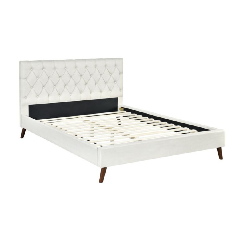 Modern Fabric Bed Frame Double Size Wooden Legs W/ Bed Head - Cream