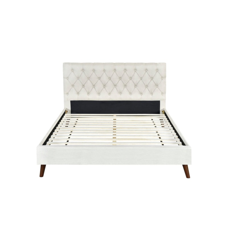 Modern Fabric Bed Frame Queen Size Wooden Legs W/ Bed Head - Cream