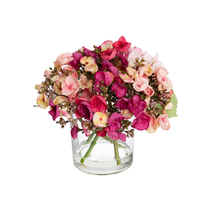 Pink Hydrangea Artificial Fake Plant Decorative Mixed Arragement 18cm In Glass