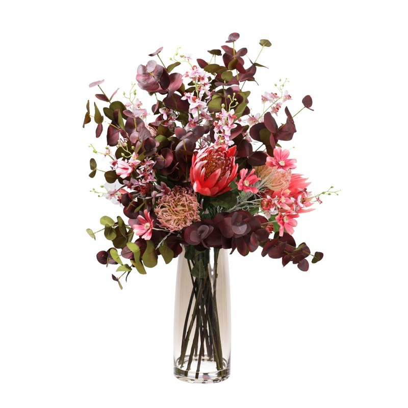 Protea & Dancing Lady Artificial Fake Plant Decorative Arrangement 82cm In Glass