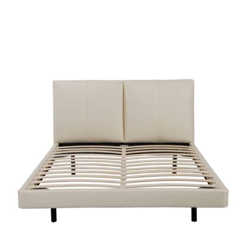 PU Leatherette Floating Bed Frame With LED Light Double Size Beige