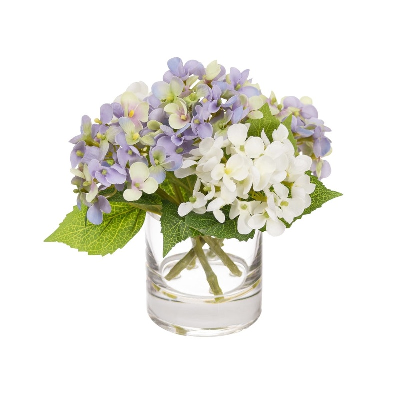 Purple & White Hydrangea Mixed Artificial Fake Plant Decorative Arragement 18cm In Glass