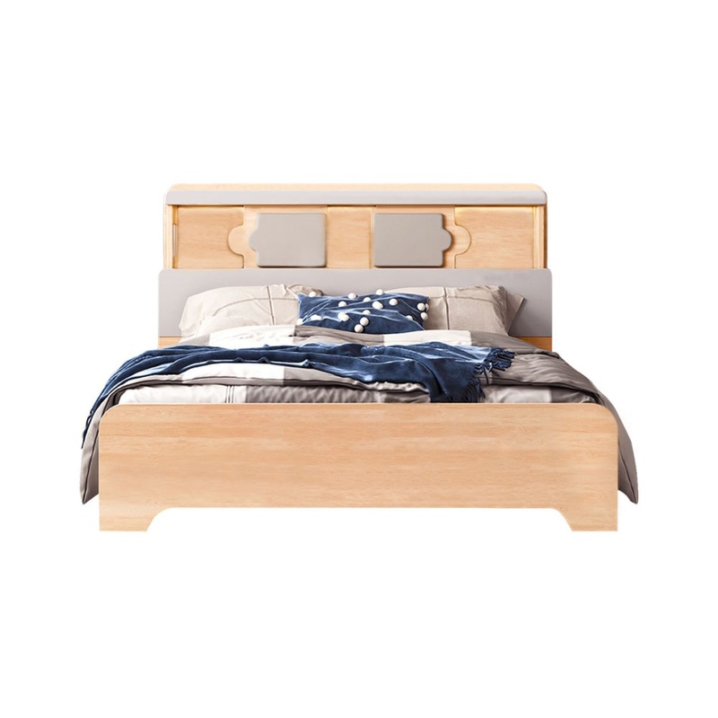 Scandinavian Wooden Bed Frame Built-In LED W/ Bed Head Double Size Oak