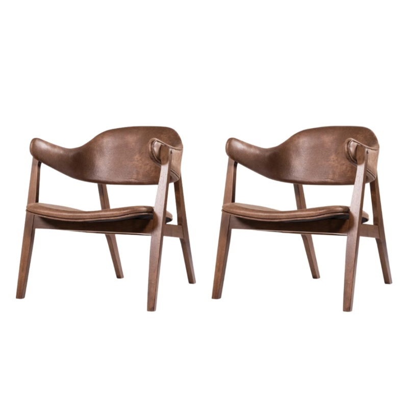 Set Of 2 Faux Leather Accent Lounge Relaxing Arm Chair Walnut