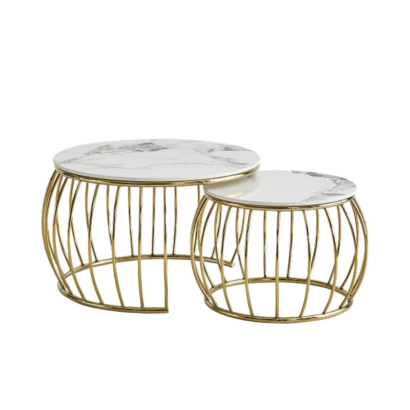 Set of 2 Nesting Coffee Table Round Faux Marble Ceramic Gold/White