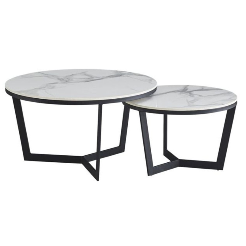 Set Of 2 Nesting Round Coffee Table Set Marble Look White/Black