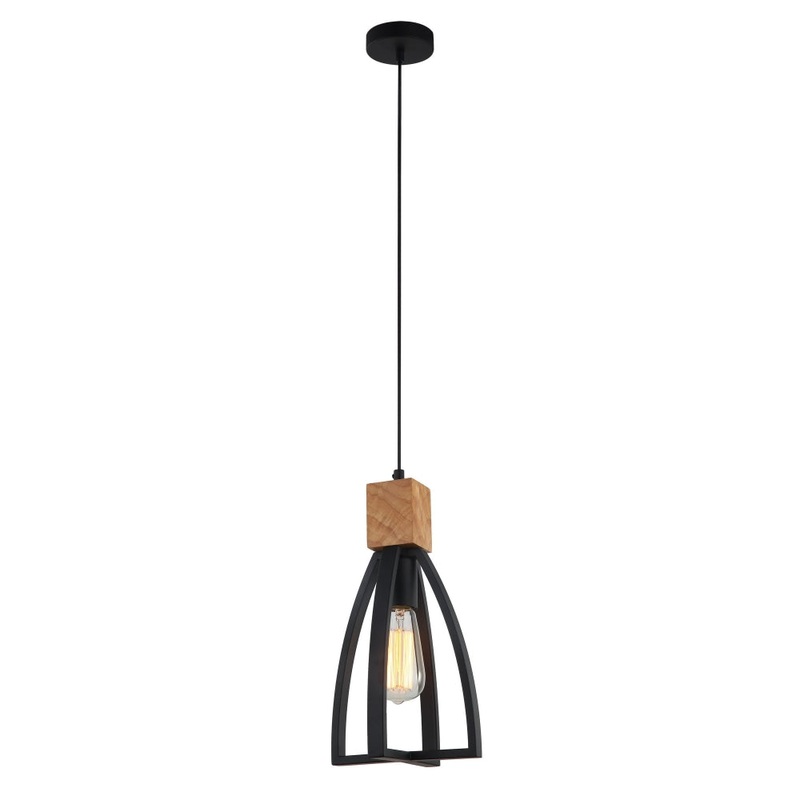 FARO Pendant Lamp Light Interior ES Matte Black Convex Cone with Wood Highlight OD180mm