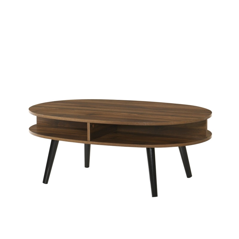 Minere Wooden Oval Coffee Table W/ Open Shelf - Walnut/Black