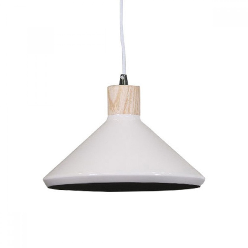 Benson Classic Metal Cone Cord Drop Pendant Light Lamp - Wood Veneer & Milky White Inside