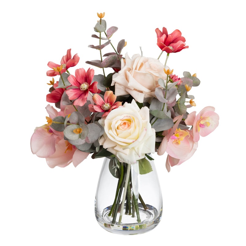 Orchid & Cosmo Artificial Faux Plant Decorative Mixed Arrangement 42cm In Glass