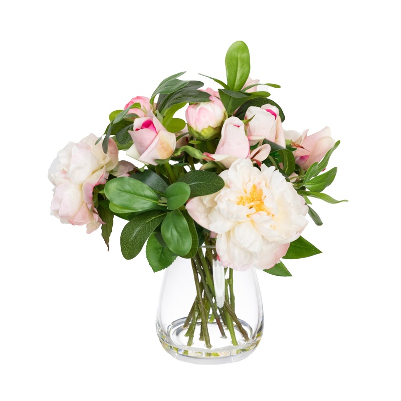 Pink Peony & Rose Artificial Faux Plant Flower Decorative Mixed Arrangement 36cm In Glass
