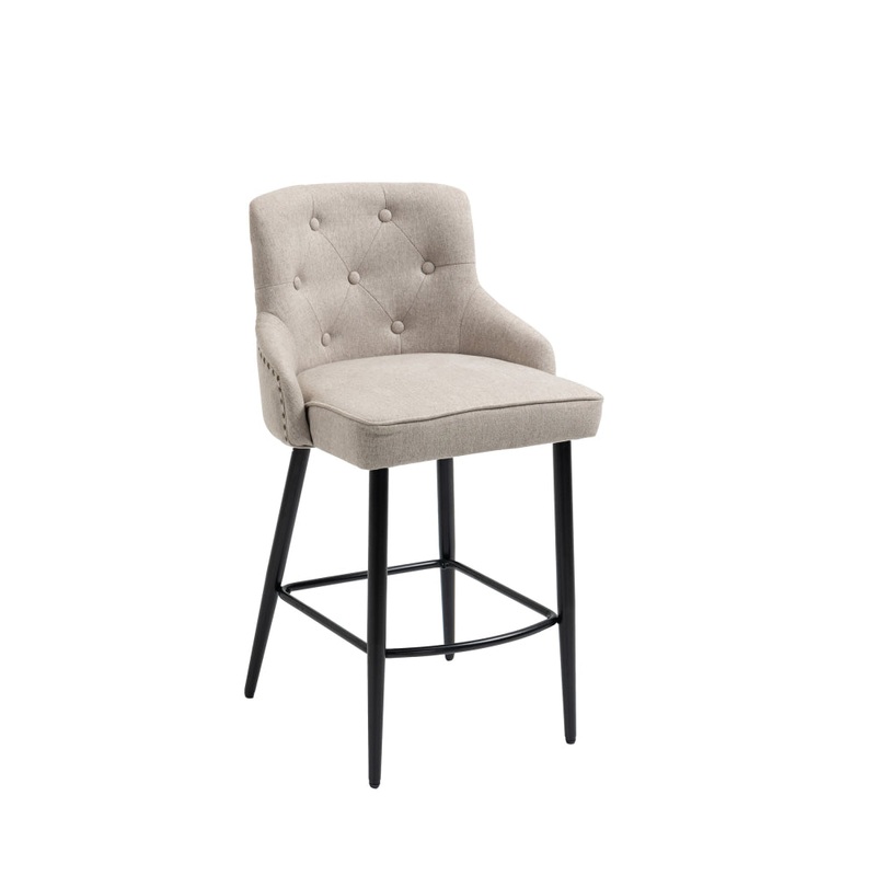 Will Fabric Kitchen Counter Bar Stool W/ Brass Gold Studs & Handles - Beige