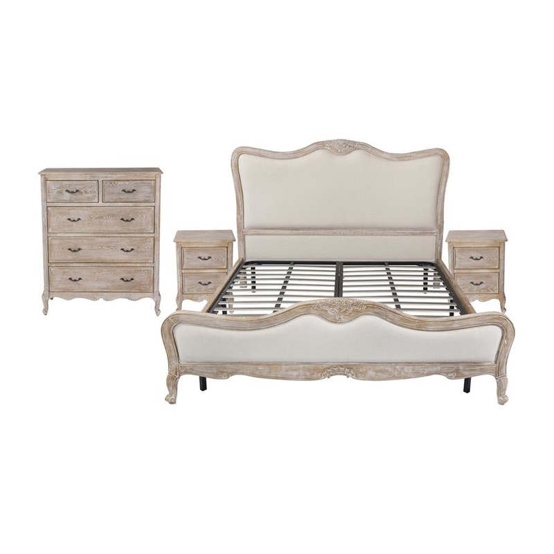 4 Pcs Bedroom Suite Queen Size Oak Wood Plywood Veneer White Washed Finish Bed, Bedside Table & Tallboy