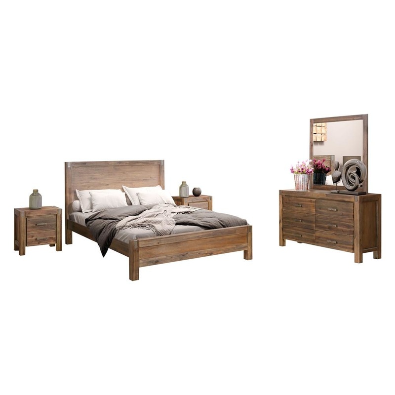 4 Pieces Bedroom Suite in Solid Wood Veneered Acacia Construction Timber Slat Double Size Chocolate Colour Bed, Bedside Table & Dresser