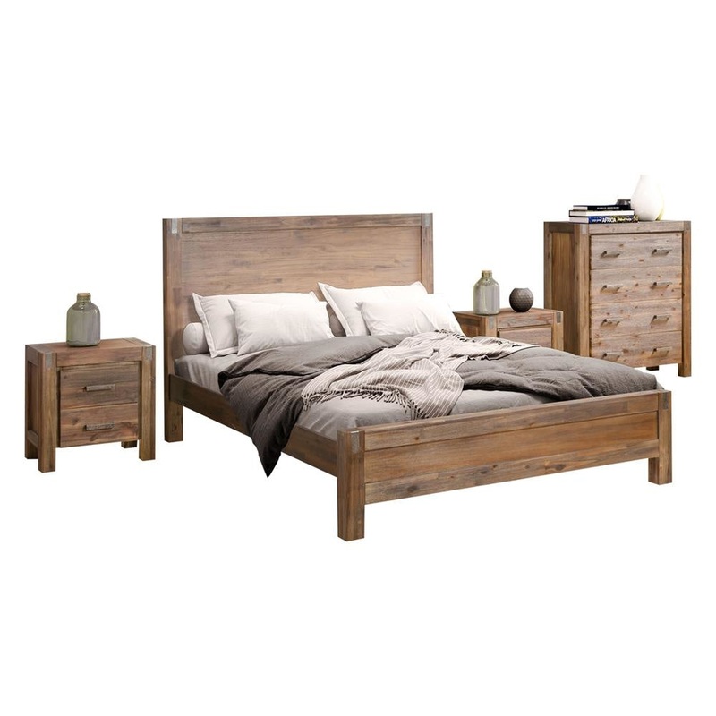 4 Pieces Bedroom Suite in Solid Wood Veneered Acacia Construction Timber Slat King Size Chocolate Colour Bed, Bedside Table & Tallboy