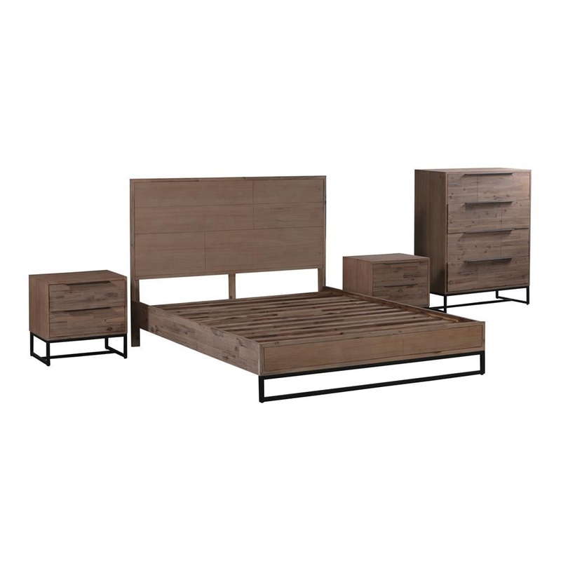 4 Pieces Bedroom Suite made in Solid Wood Acacia Veneered King Size Oak Colour Bed, Bedside Table & Tallboy