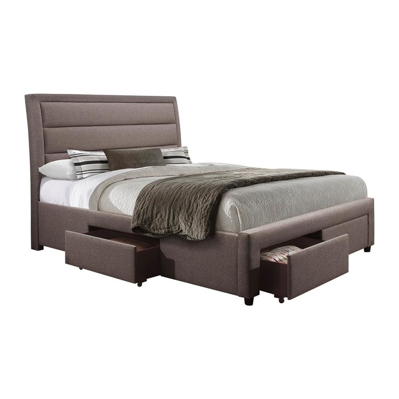 4 Pieces Storage Bedroom Suite Upholstery Fabric in Light Grey with Base Drawers King Size Oak Colour Bed, Bedside Table & Tallboy
