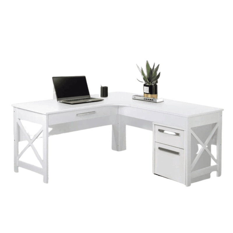 Andy L-Shaped Office Computer Manage Executive Working Desk W/ Mobile Pedestal - Distressed White