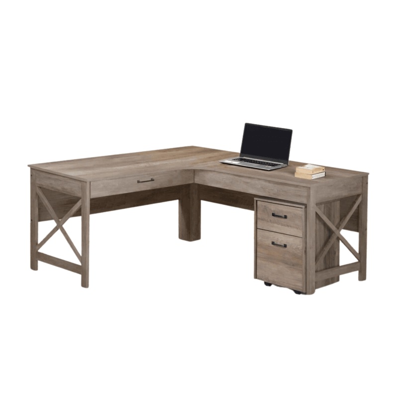 Andy L-Shaped Office Computer Manage Executive Working Desk W/ Mobile Pedestal - Rustic Oak