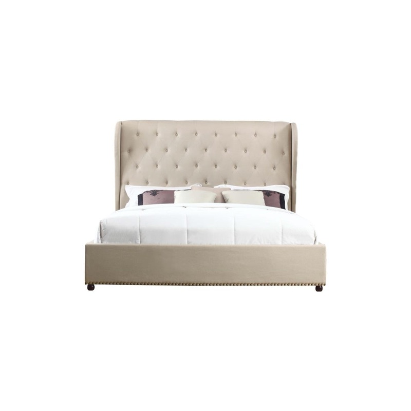 Bed Frame Queen Size in Beige Fabric Upholstered French Provincial High Bedhead