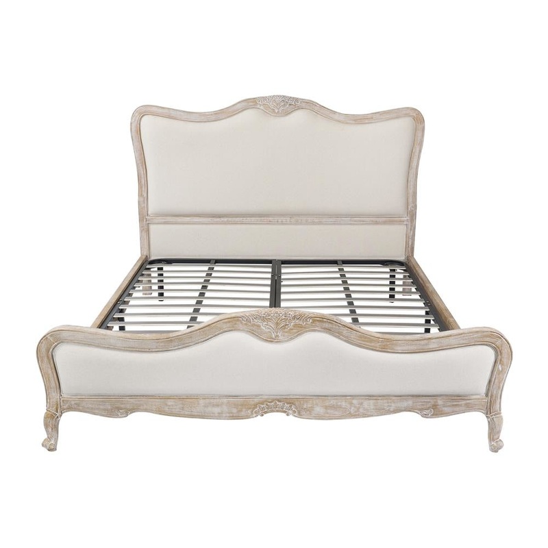King Size Bed Frame Linen Fabric Beige Oak Wood White Washed Finish Mattress Support