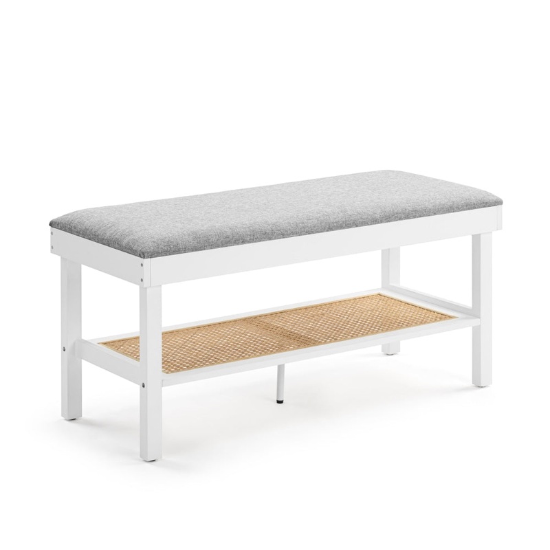 Julian Shoe Bench Seat Rack Organiser Ottoman Stool - White/Rattan