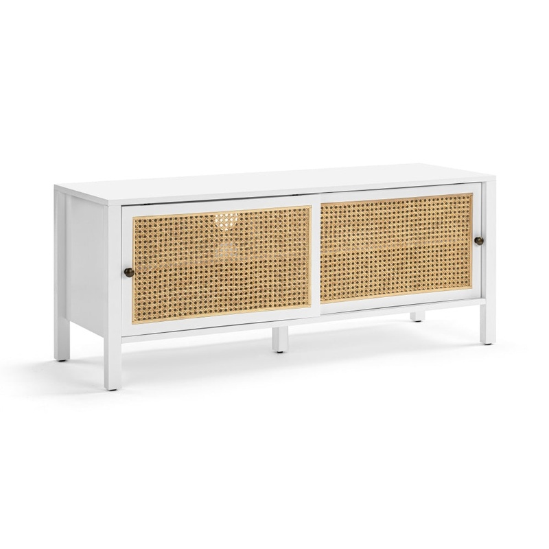 Lucien Lowline Entertainment Unit TV Stand W/ 2-Sliding Doors 116cm - White/Rattan