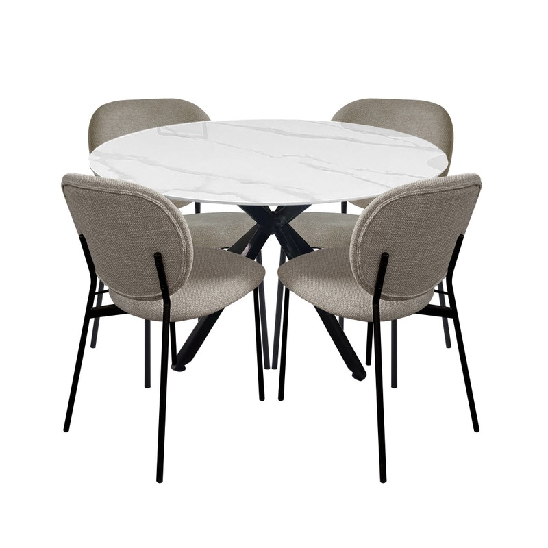 5Pc Dining Set Harper Round Marble Look Dining Table 120cm White W/ 4Pc Archie Fabric Dining Chair Latte