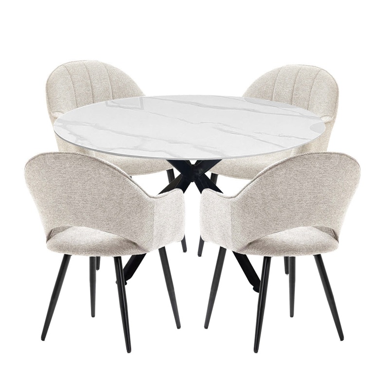 5Pc Dining Set Harper Round Marble Look Dining Table 120cm White W/ 4Pc Luka Fabric Dining Chair Coconut