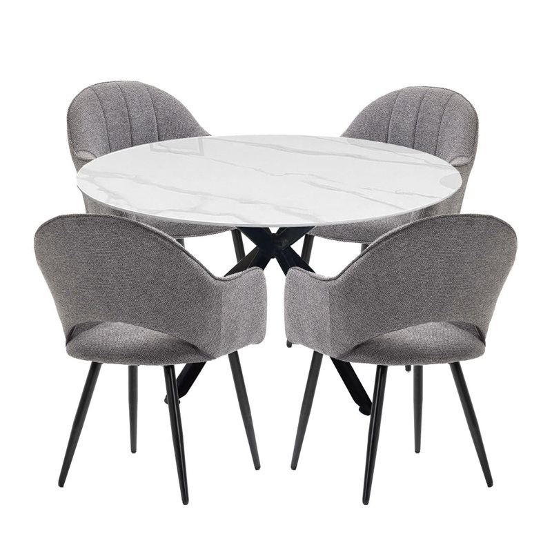 5Pc Dining Set Harper Round Marble Look Dining Table 120cm White W/ 4Pc Luka Fabric Dining Chair Grey