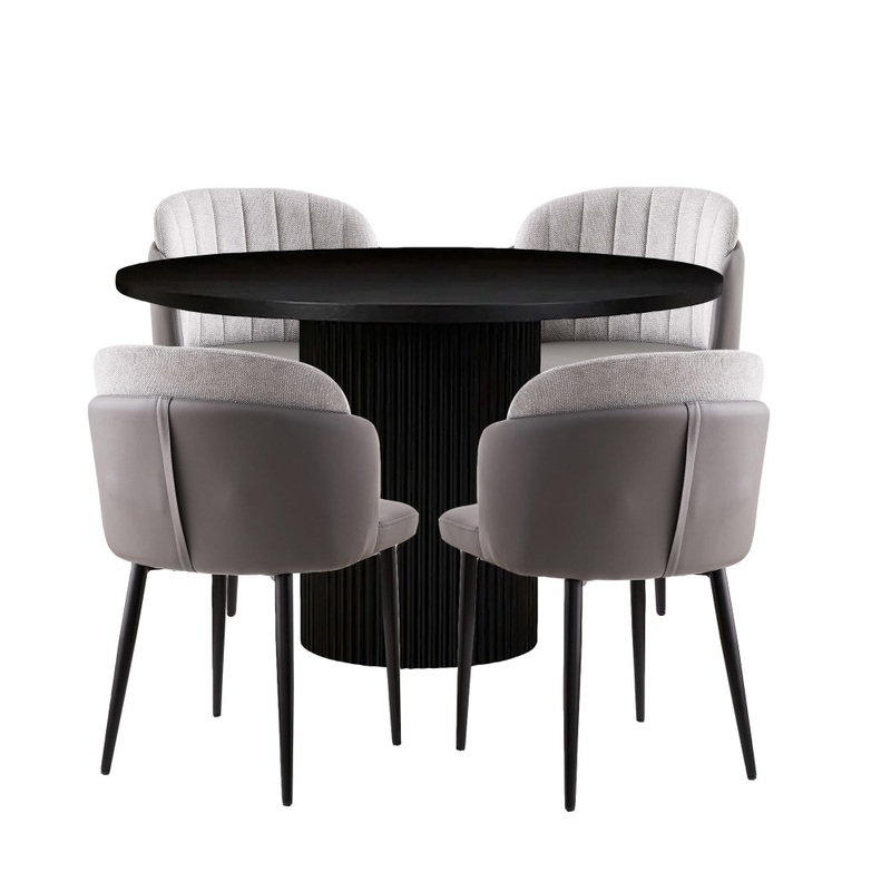 5Pc Dining Set Harper Round Marble Look Dining Table 120cm White W/ 4Pc Royale Fabric Dining Chair Grey