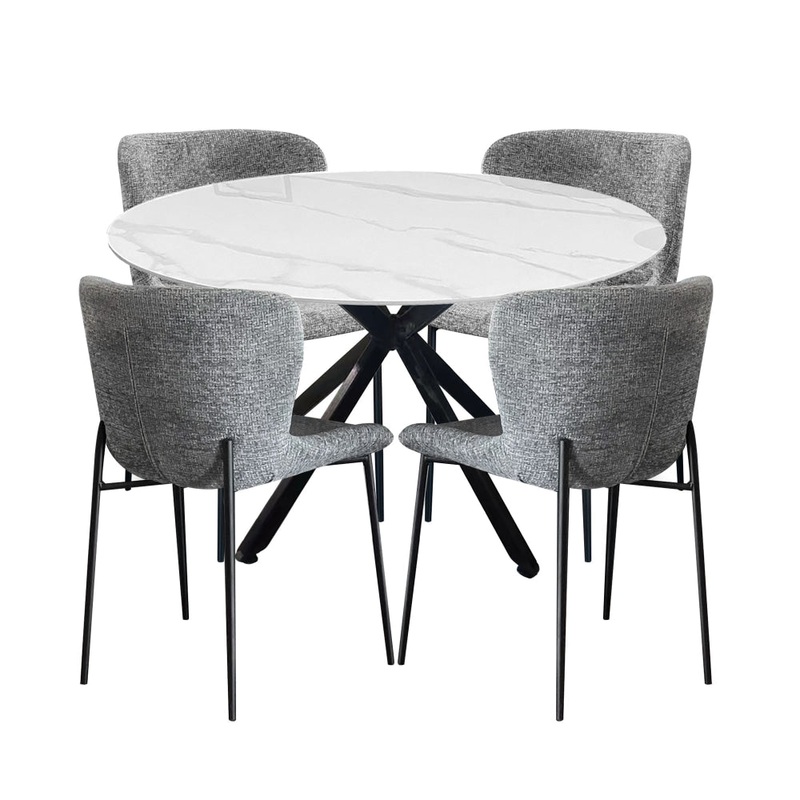 5Pc Dining Set Harper Round Marble Look Dining Table 120cm White W/ 4Pc Sonata Fabric Dining Chair Grey