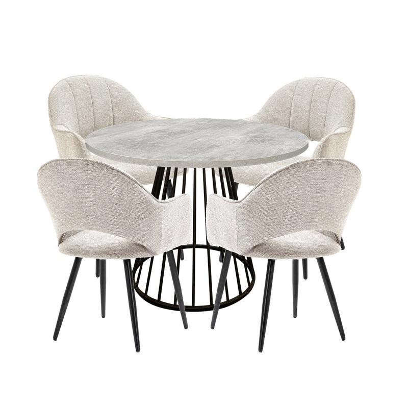 5Pc Dining Set Matilda Round Dining Table 110cm Faux Cement W/ 4Pc Luka Fabric Dining Chair Coconut