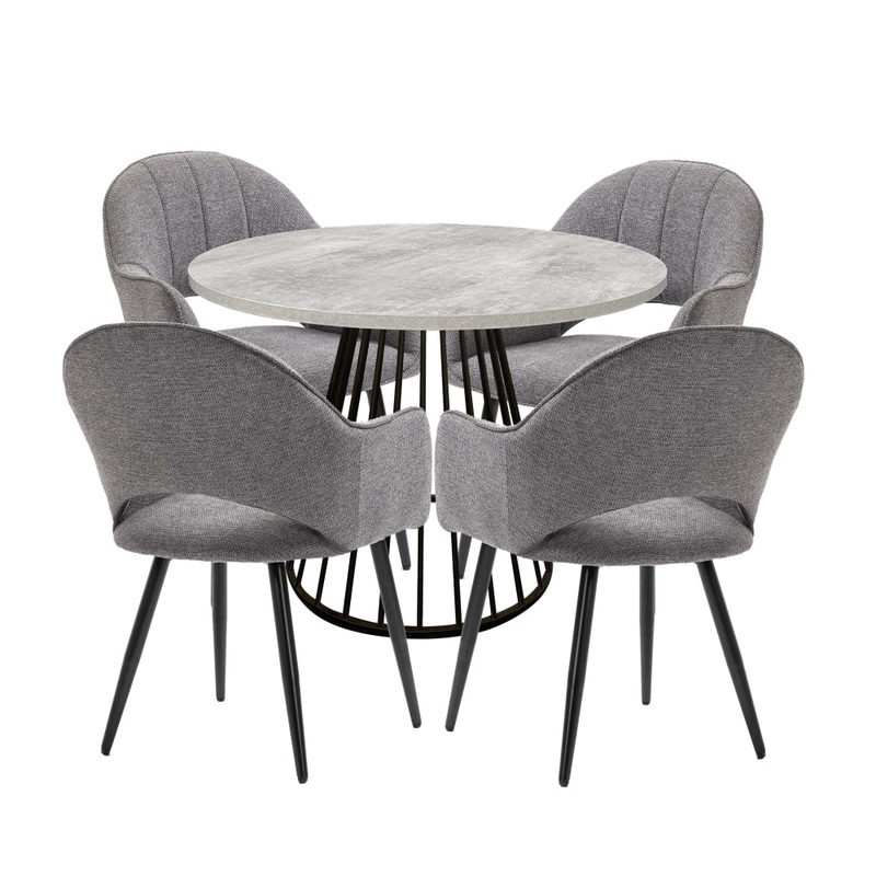 5Pc Dining Set Matilda Round Dining Table 110cm Faux Cement W/ 4Pc Luka Fabric Dining Chair Grey