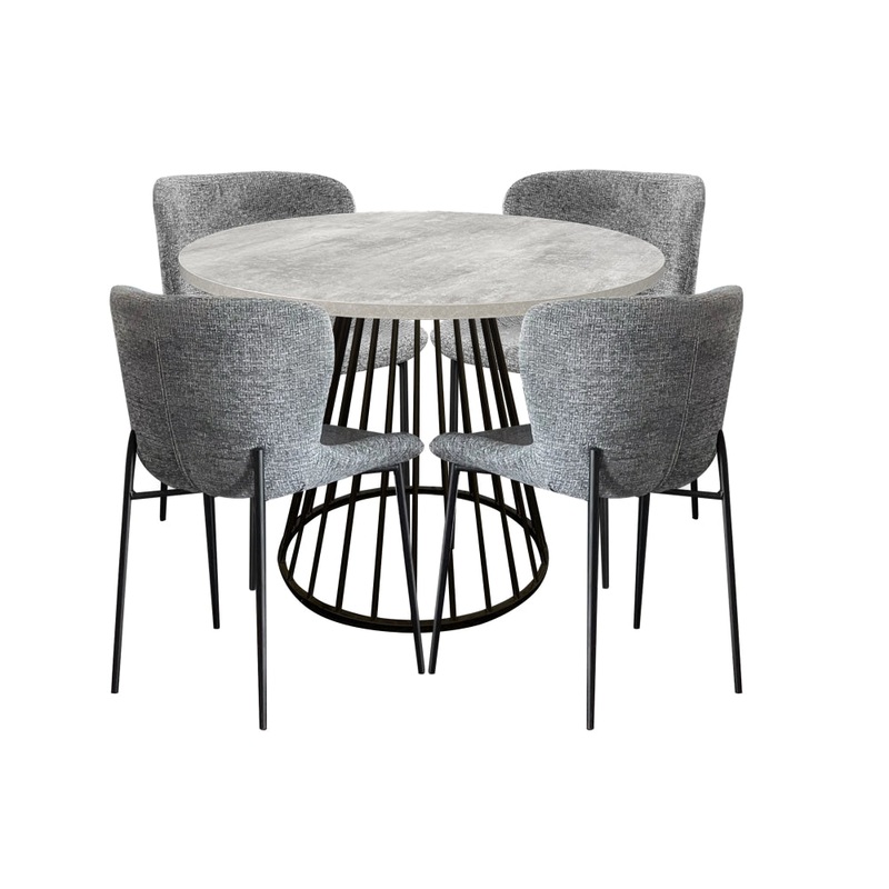 5Pc Dining Set Matilda Round Dining Table 110cm Faux Cement W/ 4Pc Sonata Fabric Dining Chair Grey