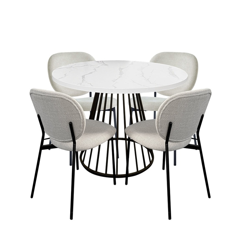 5Pc Dining Set Matilda Round Dining Table 110cm Faux Marble W/ 4Pc Archie Fabric Dining Chair Coconut