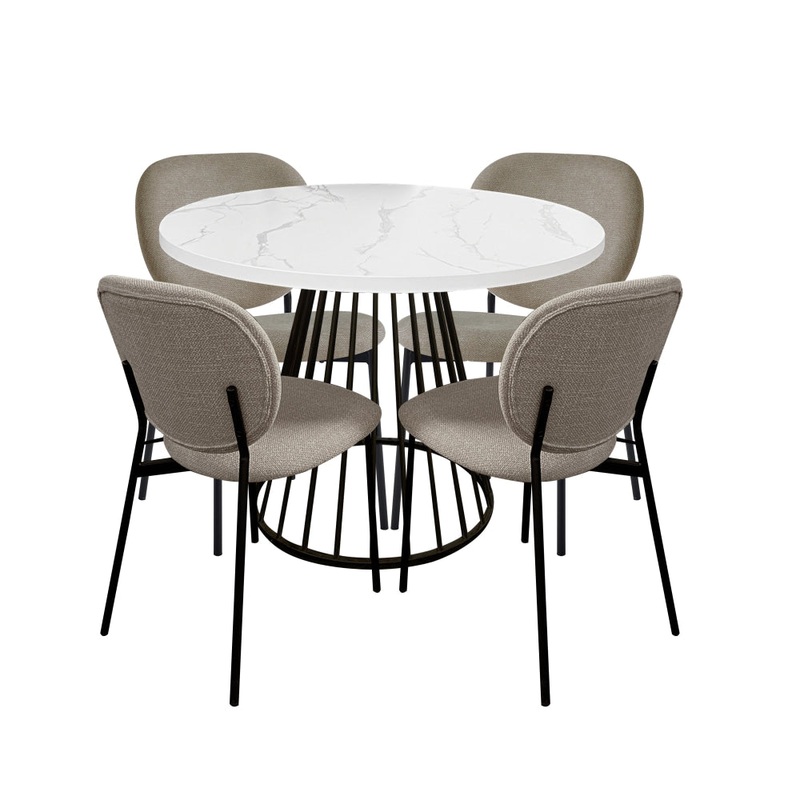 5Pc Dining Set Matilda Round Dining Table 110cm Faux Marble W/ 4Pc Archie Fabric Dining Chair Latte