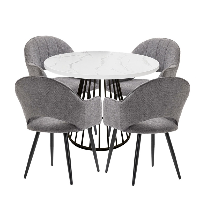 5Pc Dining Set Matilda Round Dining Table 110cm Faux Marble W/ 4Pc Luka Fabric Dining Chair Grey