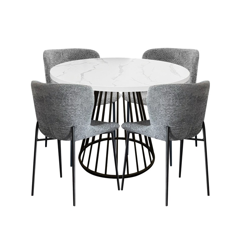 5Pc Dining Set Matilda Round Dining Table 110cm Faux Marble W/ 4Pc Sonata Fabric Dining Chair Grey