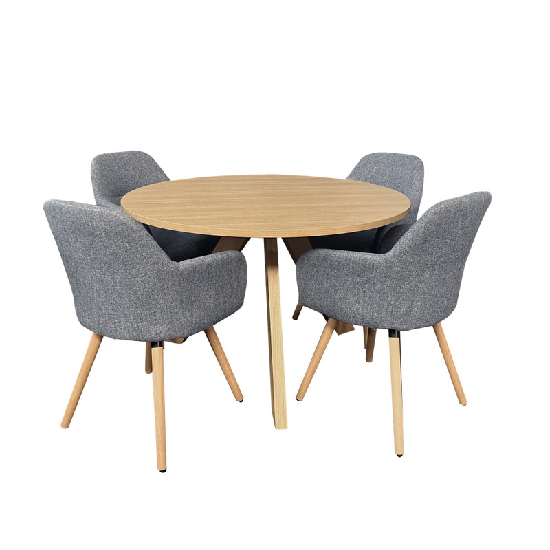 5Pc Dining Set Morrison Round Dining Table 120cm Natural W/ 4Pc Milan Fabric Dining Chair Grey